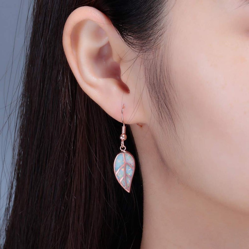 CINily Rose Gold Plated Opal Dangle Earring-Leaf Drop Earrings White Opal Gemstone Dangle Earrings for Women - Image 3